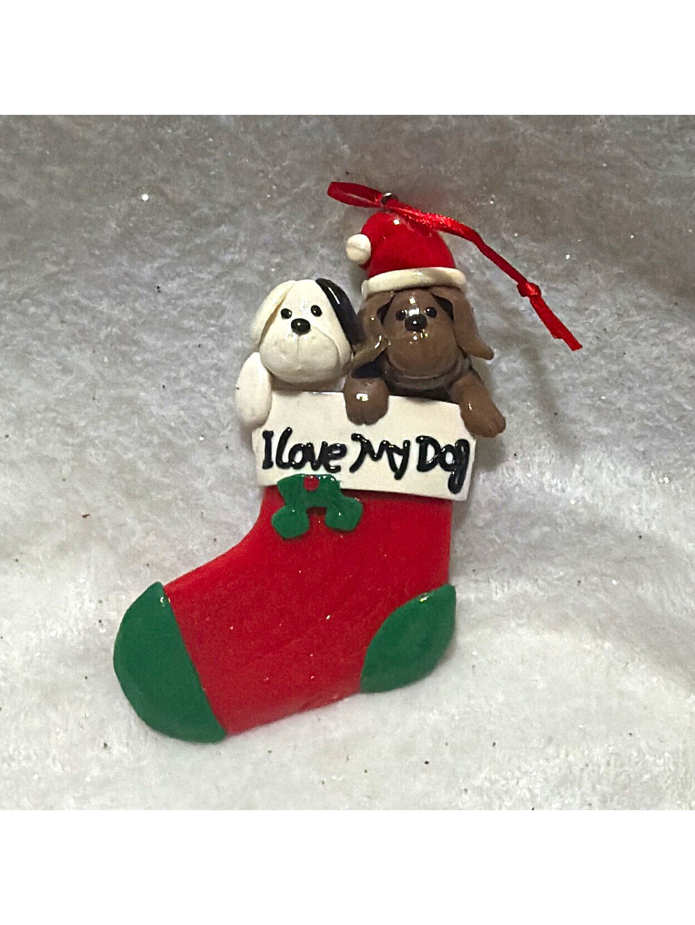 I Love My Dog Stocking Hanging Christmas Ornament Two Dogs Red Green Ribbon